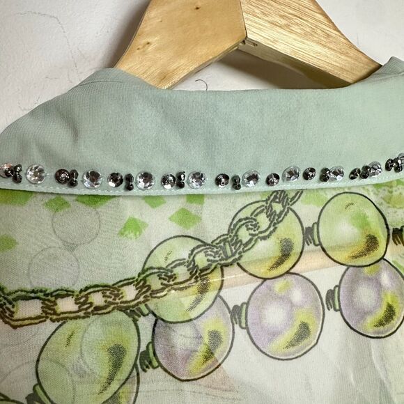 Vintage 90's Y2K Feline silk blend sheer button top green button up collar Small - Picture 8 of 13